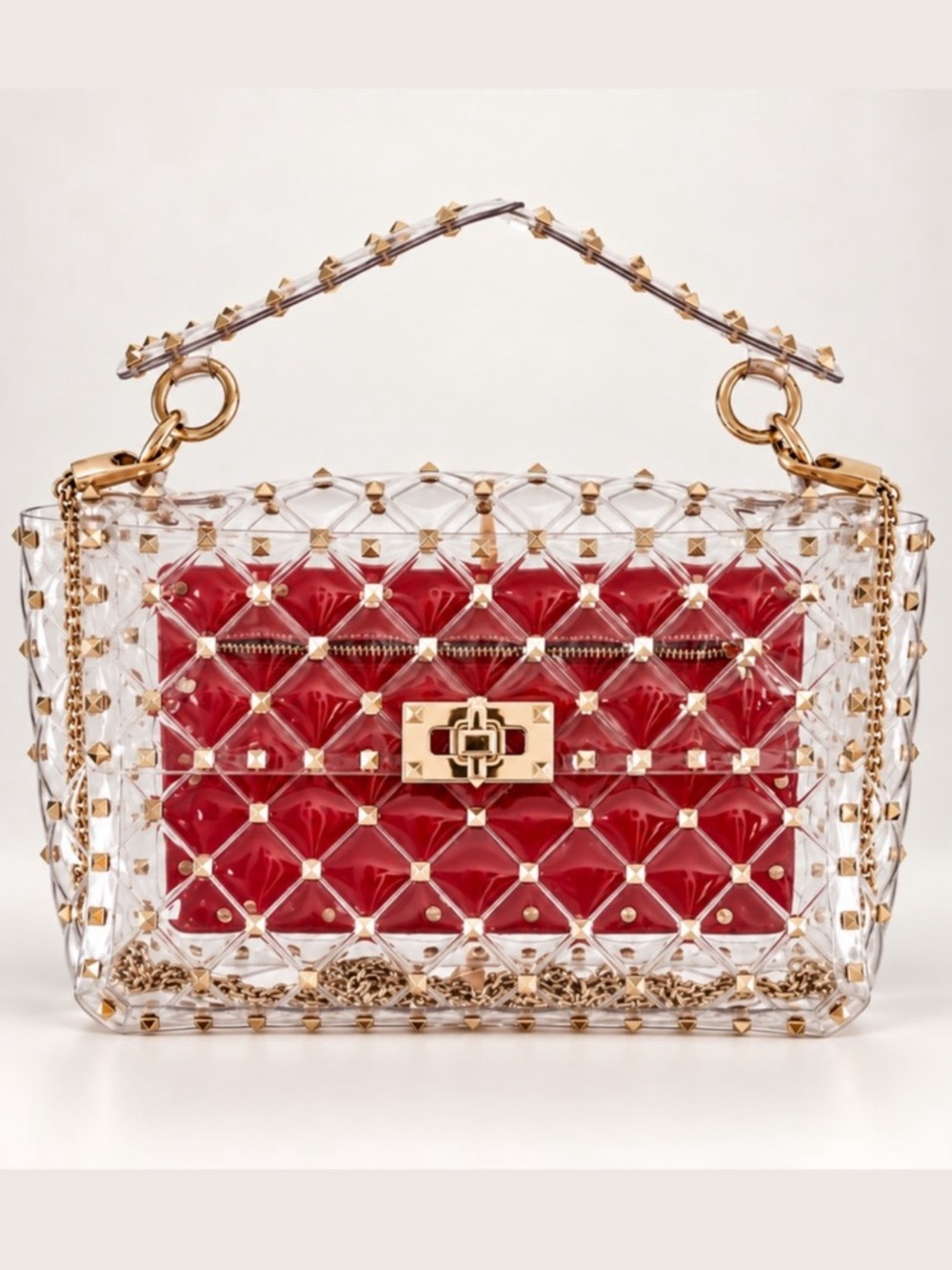 Valentino Rockstud Spike Clear PVC Top Handle Bag Gold Studs Red Interior